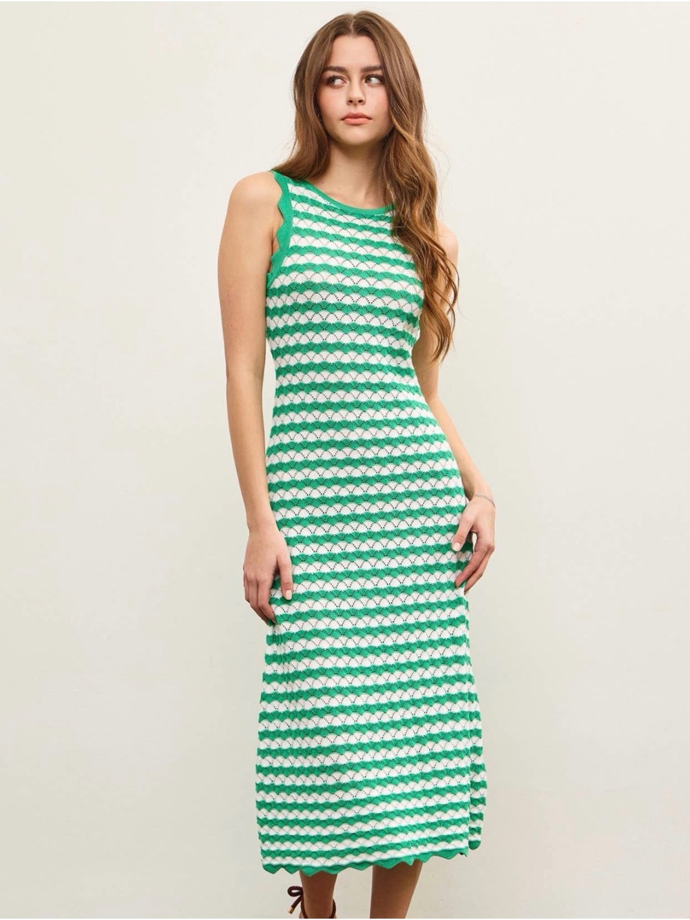 Medium Green and White Striped Knit Midi Dress - Sleeveless